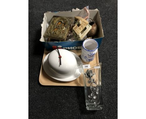 A tray of brass and copper, religious icon, contemporary clock in the form of a bowler hat, Etain embossed glass vase etc 