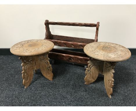A rustic pine magazine rack together with a pair of hardwood brass inlaid tables on tripod bases