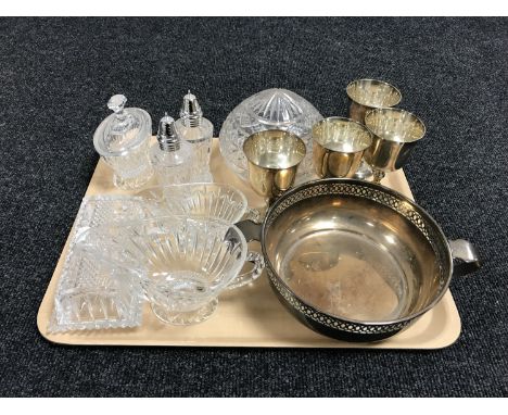 A tray of plated dish and goblets, glass ware, butter dish, sugar sifters, sauce boats together with a cut glass lamp shade