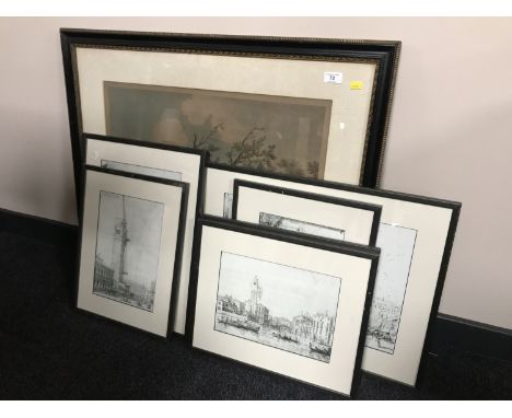 A framed hand coloured etching after George Morland - Summer Amusement and Six framed prints depicting scenes of Venice 