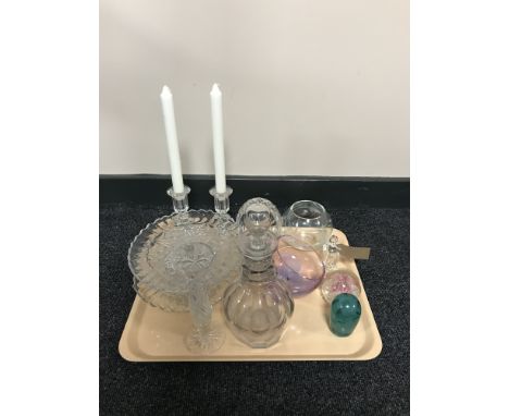 A tray of glass, including a pair of Stewart Crystal candlesticks, lead crystal comport and basket, Victorian dump, Caithness