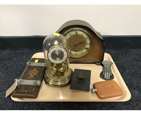 A tray of oak cased mantle clock, tie press, anniversary clock, hip flask etc 