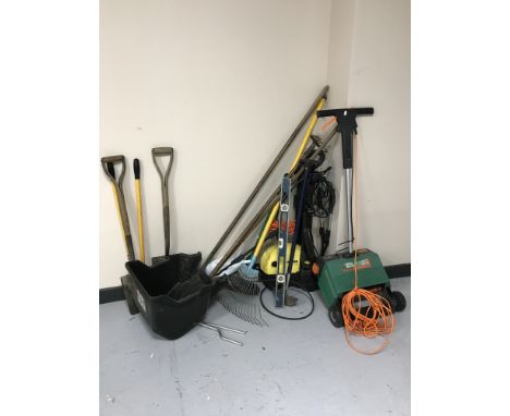 A Black & Decker lawn raker with box, Karcher 440 pressure washer and assorted garden tools 