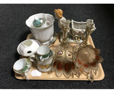 A tray of continental china planter in the form of a cherub pulling a barrow, assorted tea china, together with a pair of Vic