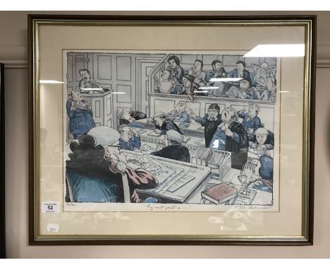 Two signed limited edition Bob Farndon prints - Court room scenes, together with two framed Judge prints and a gilt framed pr