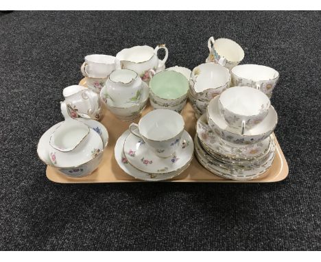 A tray of part Somerset New Chelsea and Dorchester tea china, Royal Crown Derby Derby posies sugar basin and milk jug 