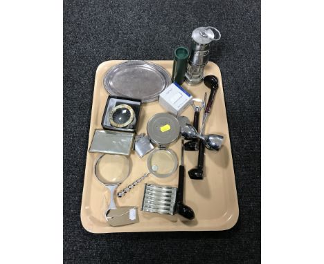 A tray of boxed miniature miners lamp together with a chrome S. Thomas and Williamson lamp, Midland bank money box, magnifier
