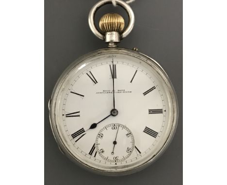 A sterling silver cased pocket watch by Reids of Newcastle CONDITION REPORT: Case maker 'JO'. 52mm case. Dial with tiny hairl