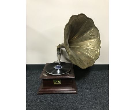 An HMV table top gramophone with brass horn 