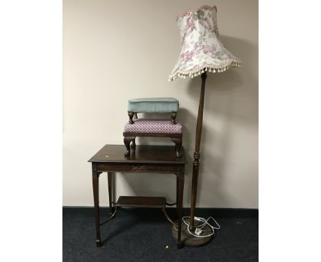 A mahogany occasional table on tapered legs together with two upholstered stools with standard lamp and shade 