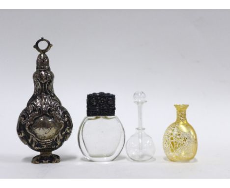 Rococo style white metal flask with engraved initial cartouches, 10cm, small white metal mounted scent bottle with glass stop