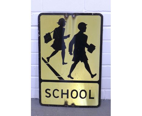 A vintage reflective road sign, 'school', 36 x 54cm 
