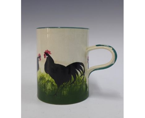 Wemyss Ware, Robert Heron and Son, large black cockerel with hens mug, 14cm 