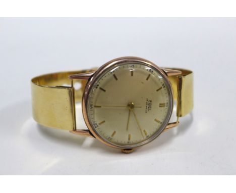 Gents vintage EBEL wristwatch in a rose coloured case, on a 9ct yellow gold bracelet strap, stamped 9ct 