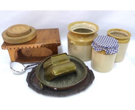 Collection of kitchenalia, including three stoneware jars, butter moulds, copper dairy drainer, ladle, etc (10) 