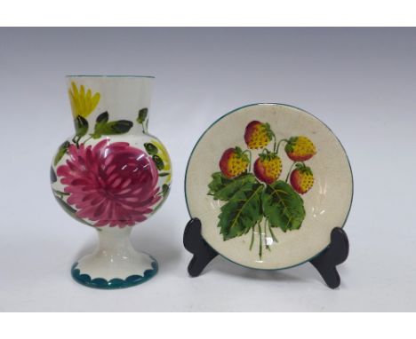 Wemyss chrysanthemum vase, 15cm, with a repaired rim chip, together with a Wemyss strawberry dish (2) 