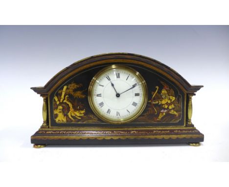 Black chinoiserie mantle clock, with a Buren swiss movement, 29cm x 15cm 
