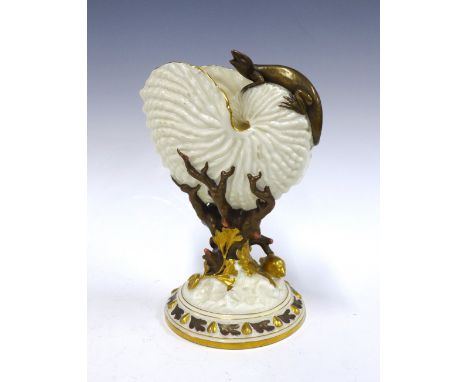 Royal Worcester nautilus shell vase with lizard, 21cm 