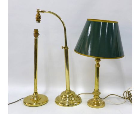 Brass finish Christopher Wray table lamp with some height adjustment, 59cm fully extended, together with two other brass fini