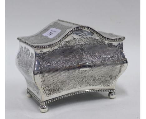 Epns caddy casket with two divisions, engine turned pattern and foliate engraved, standing on bun feet, 16 x 13cm 