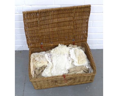 Wicker basket containing vintage crochet, 54 x 20cm 