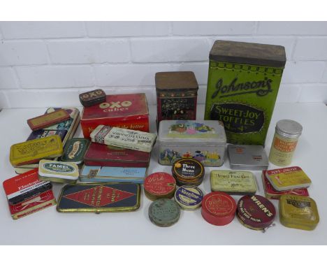 Box containing vintage tins, including Johnsons Sweet-Joy Toffies, Oxo Cubes, tobacco tins etc, tallest 23cm (a lot)