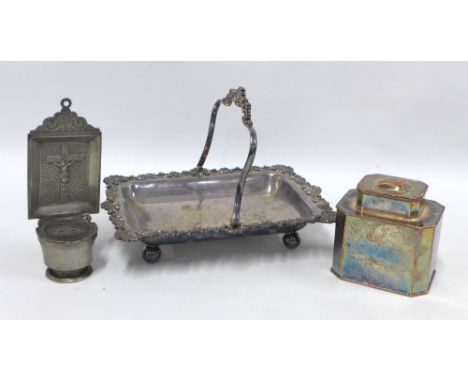 Silver plate on copper tea caddy, a swing handled  basket and a pewter wall hanging font 3) 