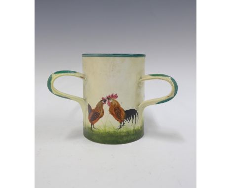 Wemyss Ware, Robert brown cockerel and hens tyg mug, a/f with restorations, 14cm 