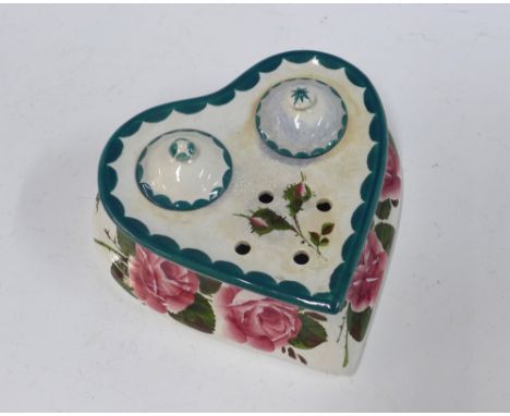 Wemyss Ware handpainted cabbage rose pattern  inkwell with covers, heart shaped, 18 x 8cm 