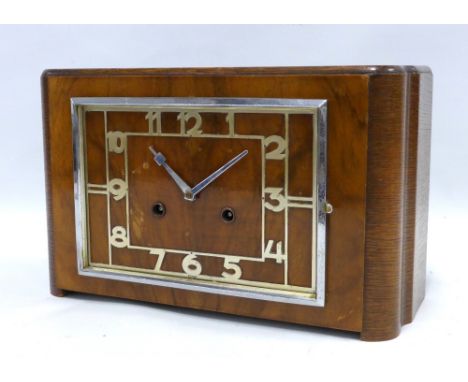 Art Deco walnut  mantle clock, glass missing, 33 x 20cm 