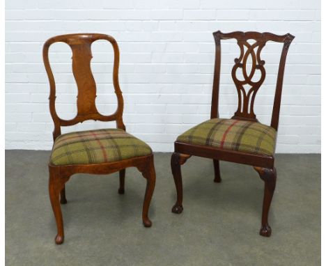Two side chairs with tartan upholstered slip in seats, one with a cartouche back and wavy splat and the other of Chippendale 