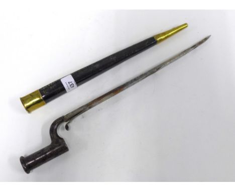 Bayonet with steel blade and leather and brass scabbard numbered 756 