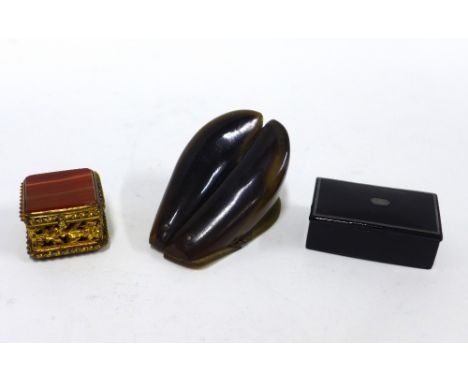 Scottish horn snuff box and a papier mache box and a gilt metal hardstone box (3) 