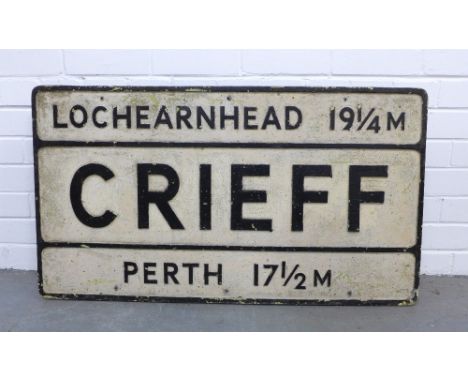 Vintage cast iron road direction sign for  Lochearnhead 191/4 mile, Crieff, Perth 17 1/2 mile, 92 x 51cm 
