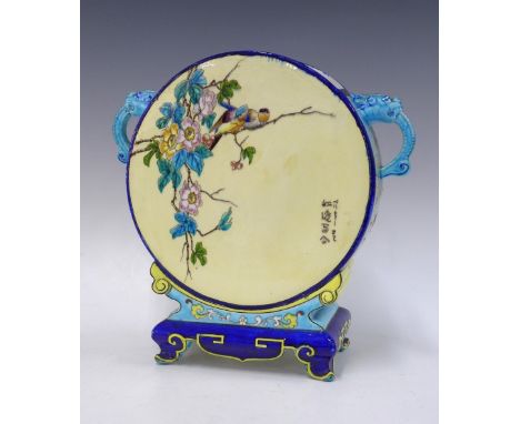 French Japonisme faience moon flask vase, handpainted with flowers and birds, with dragon head handles, blue stylised base, 3