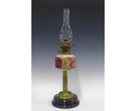 Brass oil lamp with pottery well painted with roses,  62cm 