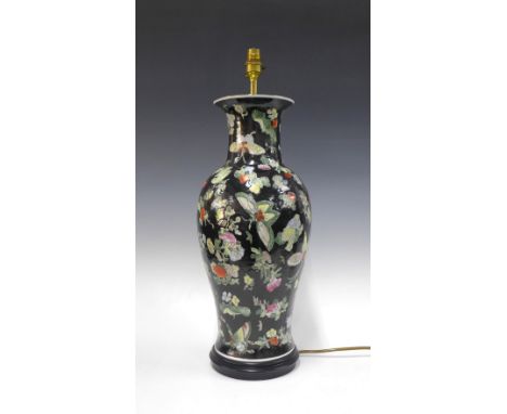 Famille Noir baluster table lamp, with butterflies and flowers pattern, 59cm 
