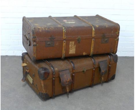Two Vintage wooden bound travel trunks. (2) 