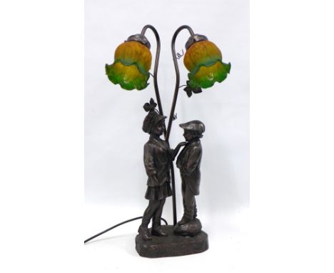 Crosa figural table lamp with two children, with Tiffany style orange and green tulip glass shades, 58cm 