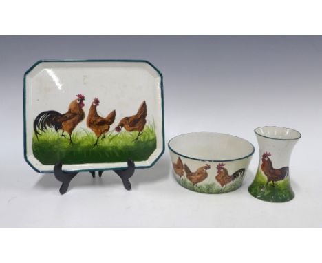 Wemyss Ware Cockerel and Hens pattern comb tray,  impressed marks and retailed by Thos Goode, and a Cockerel and Hens pattern