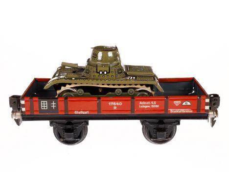 Märklin Niederbordwagen 1764, Spur 0, CL, beladen mit Gama Panzer, Uhrwerk intakt, LS und gealterter Lack, L 16,5, Z 2-3