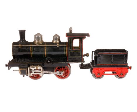 Märklin B-Dampflok, Spur 0, uralt, Uhrwerk intakt, grün/schwarz, mit Tender, Bremse und v+r, Kupplung vom Tender lose, LS und