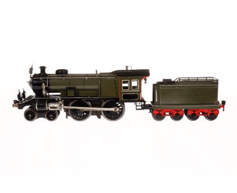 Märklin 2-B Dampflok EE 1021, Spur 1, Uhrwerk intakt, grau/schwarz, mit Tender, 3 imit. Stirnlampen, Bremse, v+r, langsam und