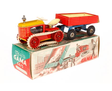 Gama Raupenschlepper mit Anhänger 66/5, gelb/rot, Uhrwerk intakt, mit Fahrerfigur (Kopf fehlt), LS und Alterungsspuren, L 22,