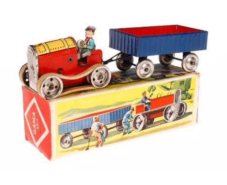 Gama Raupenschlepper mit Anhänger 55/1, Blech, CL, Uhrwerk intakt, LS, L 14,5, mit Schlüssel, im leicht besch. OK, Z 2