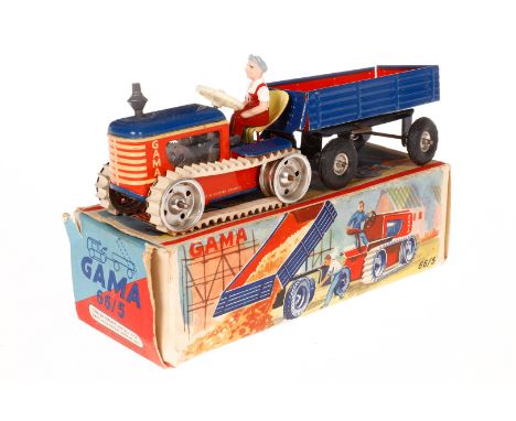Gama Raupenschlepper mit Anhänger 66/5, blau, Uhrwerk intakt, mit Schlüssel und Fahrerfigur, Alterungsspuren, L 22, im leicht