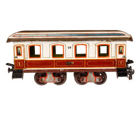 Märklin Schlafwagen ”50” 1843 K, Spur 1, uralt, weiß/rotbraun, mit Inneneinrichtung (NV), 4 AT und Gussrädern, 1 Kupplung feh
