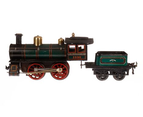 Bing B-Dampflok 2990, Spur 1, uralt, Uhrwerk intakt, grün/schwarz, mit Tender, Bremse und v+r, Stirnlampe fehlt, LS tw ausgeb