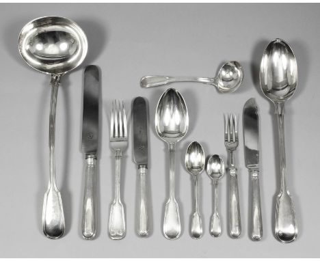 An extensive George V silver fiddle and thread pattern table service by F. Higgins & Sons Ltd, London 1916/1917, comprising -