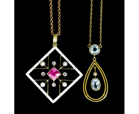 A late Victorian 15ct gold mounted white enamel, pearl, diamond and spinel set pendant, the central square cut spinel approxi